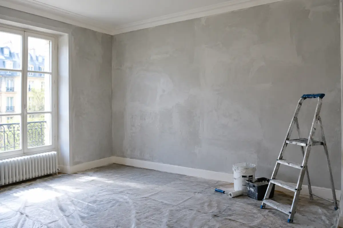 Pièce en rénovation aux murs fraîchement enduits