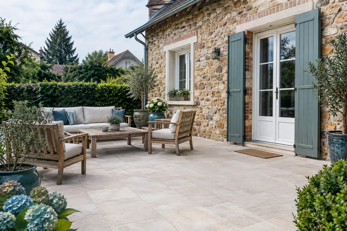 Terrasse en dalles de pierre claire devant une maison en meulière